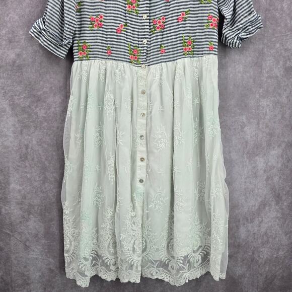 🔵 02. Bombay Paisley Blue Striped Lace Knee Length Button Down Dress Size XS - Picture 4 of 6